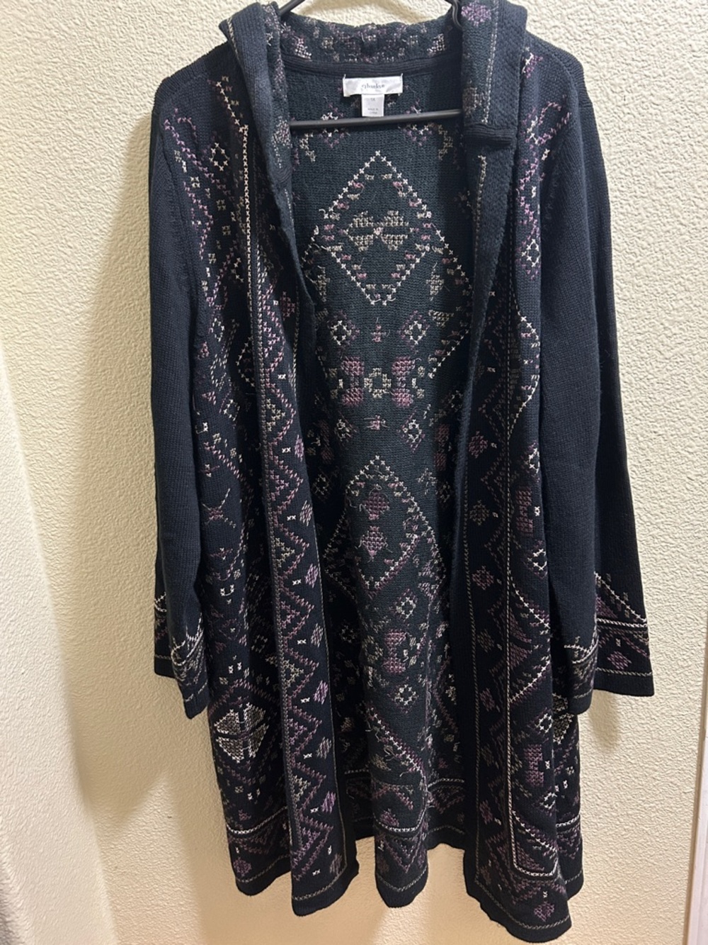 CJ Banks Black Knit Hooded Cardigan with Purple and Tan Accents size 1X